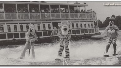 Pluto, Tigger and Goofy skiing at Walt Disney World in 1999.