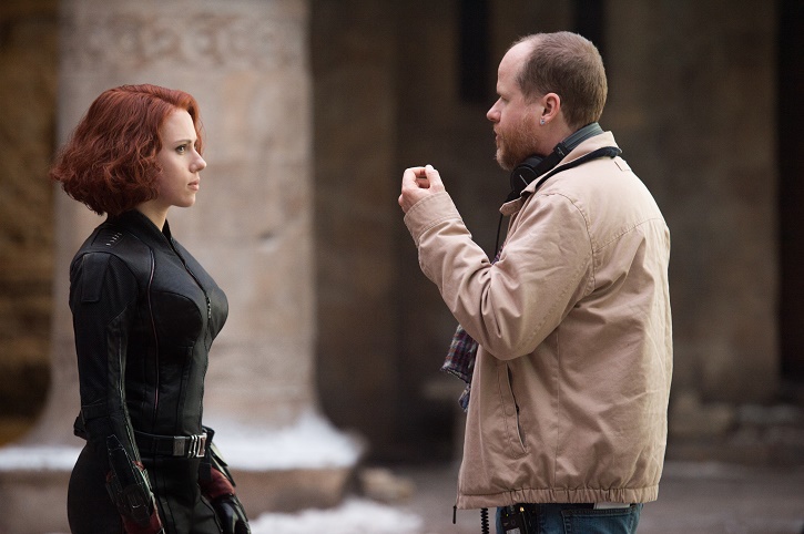 Marvel's Avengers: Age Of Ultron L to R: Scarlett Johansson (Black Widow/Natasha Romanoff) on set with Director (Joss Whedon) Ph: Jay Maidment ©Marvel 2015