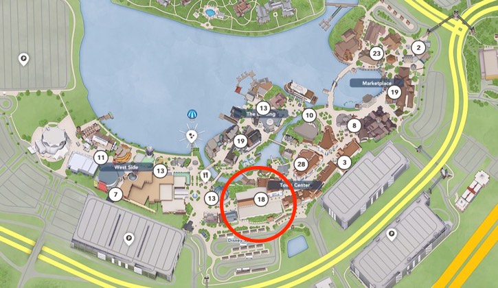map showing the layout of Disney Springs with the Market Building (1913) circled in red