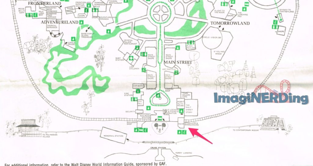 map of the magic kingdom from 1973 that shows the stroller shop