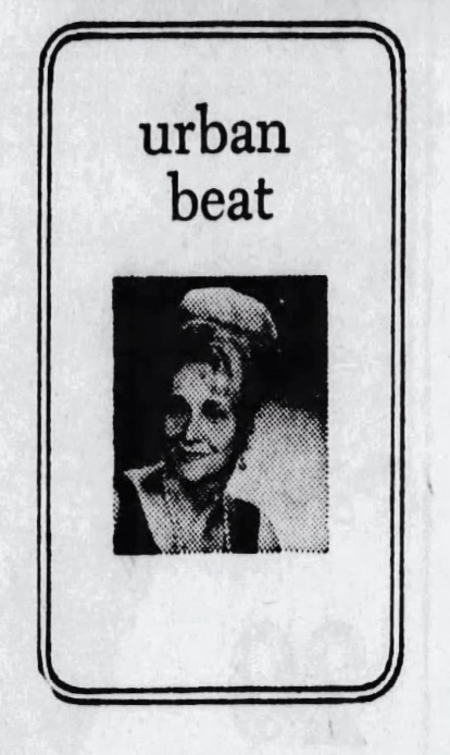 a black and white image from a newspaper. This is the reporter byline. Features the words urban beat (all lower case) and a small photo of a woman with a beehive hairdo. The image is grainy and difficult to see.