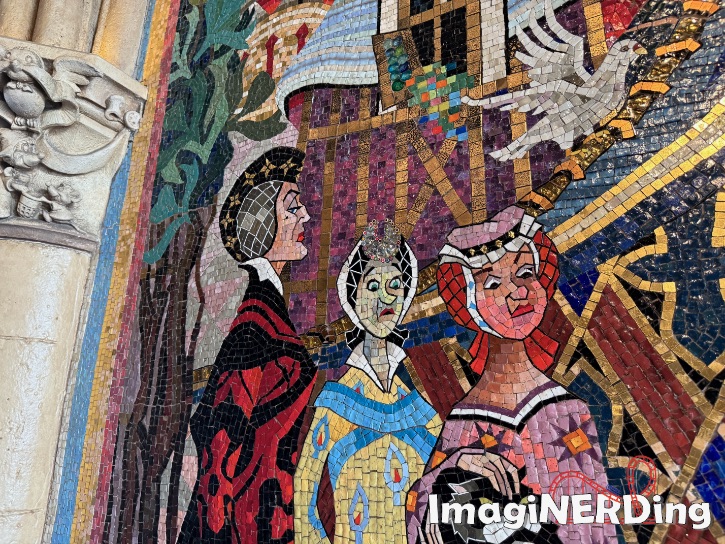 20 magic kingdom facts. This is an image of part of the mosaic in Cinderella Castle at the Magic Kingdom. It shows the evil step mother and the stepsisters, one with a tree face and one with a red face.