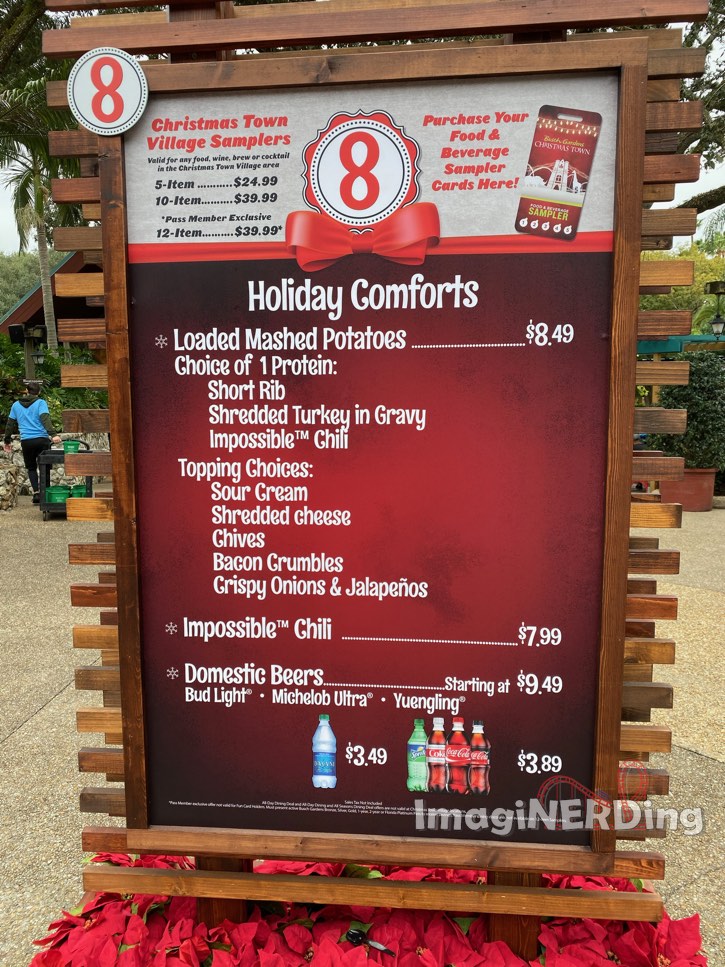 menu board of food choices from Busch Gardens tampa Christmas Town village 2019