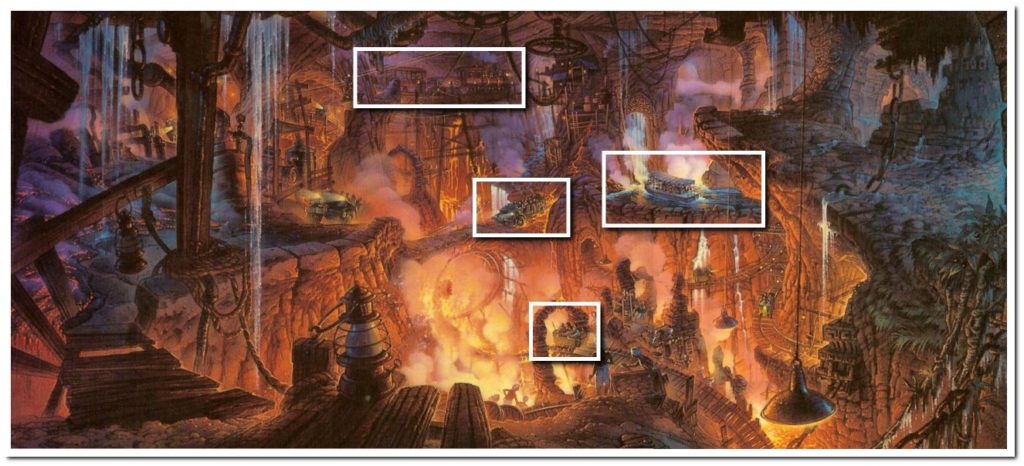 concept artwork for a proposed indiana jones attraction at disneyland with a mine ride, vehicle ride and the jungle cruise.