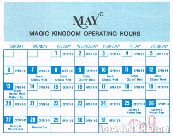magic kingdom operating calendar for May 1973 featuring senior citizens week