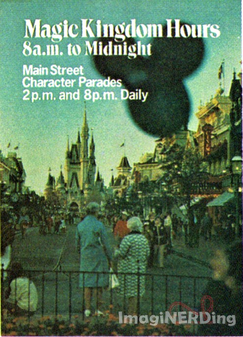 poster from 1972 featuring the magic kingdom operating hours and Main street USA
