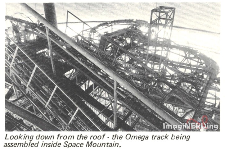 looking down from the roof- the Omega track being assembled inside Space Mountain. 1974 Magic Kingdom