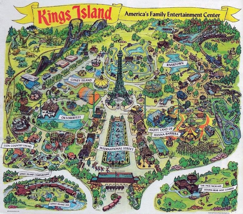 1974 map of Kings Island Amusement parks vs. theme parks